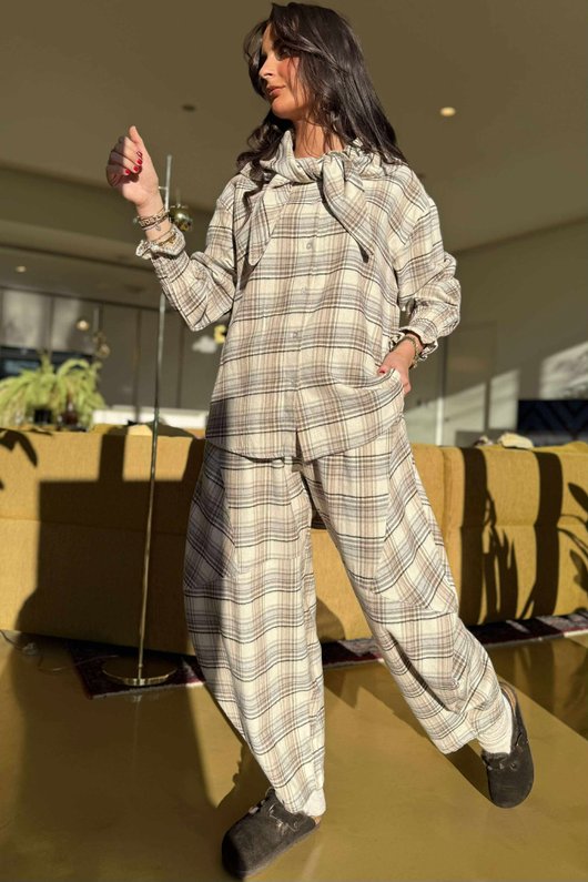 Agnes Plaid Brushed Cotton Neckerchief Blouse Warm Grey